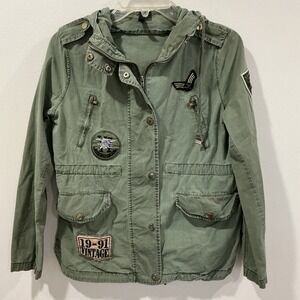 The Story Green Military Style Utility Jacket Patches Women's Small Grunge